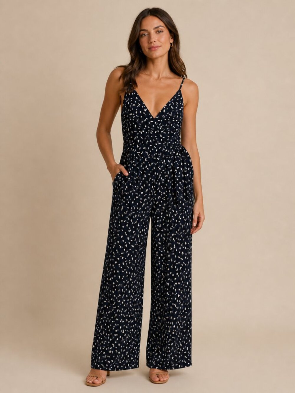 Kaileigh Navy Printed Jumpsuit Size Large – Wide Leg, V-Neck, Adjustable Straps